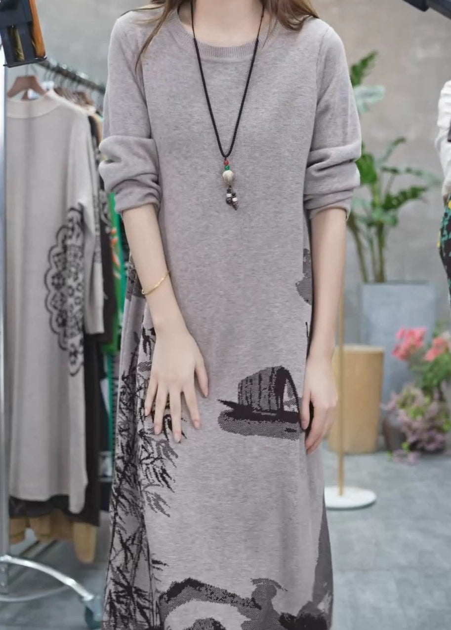 Grey O Neck Print Knit Sweater Dress Winter