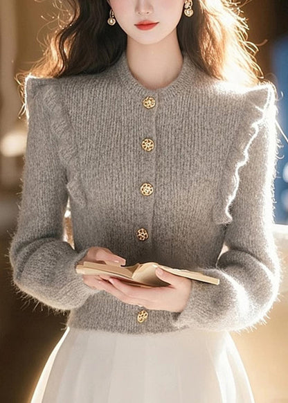Grey O Neck Ruffled Patchwork Knit Top Spring