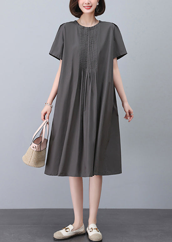 Grey O-neck Cotton Dresses Summer