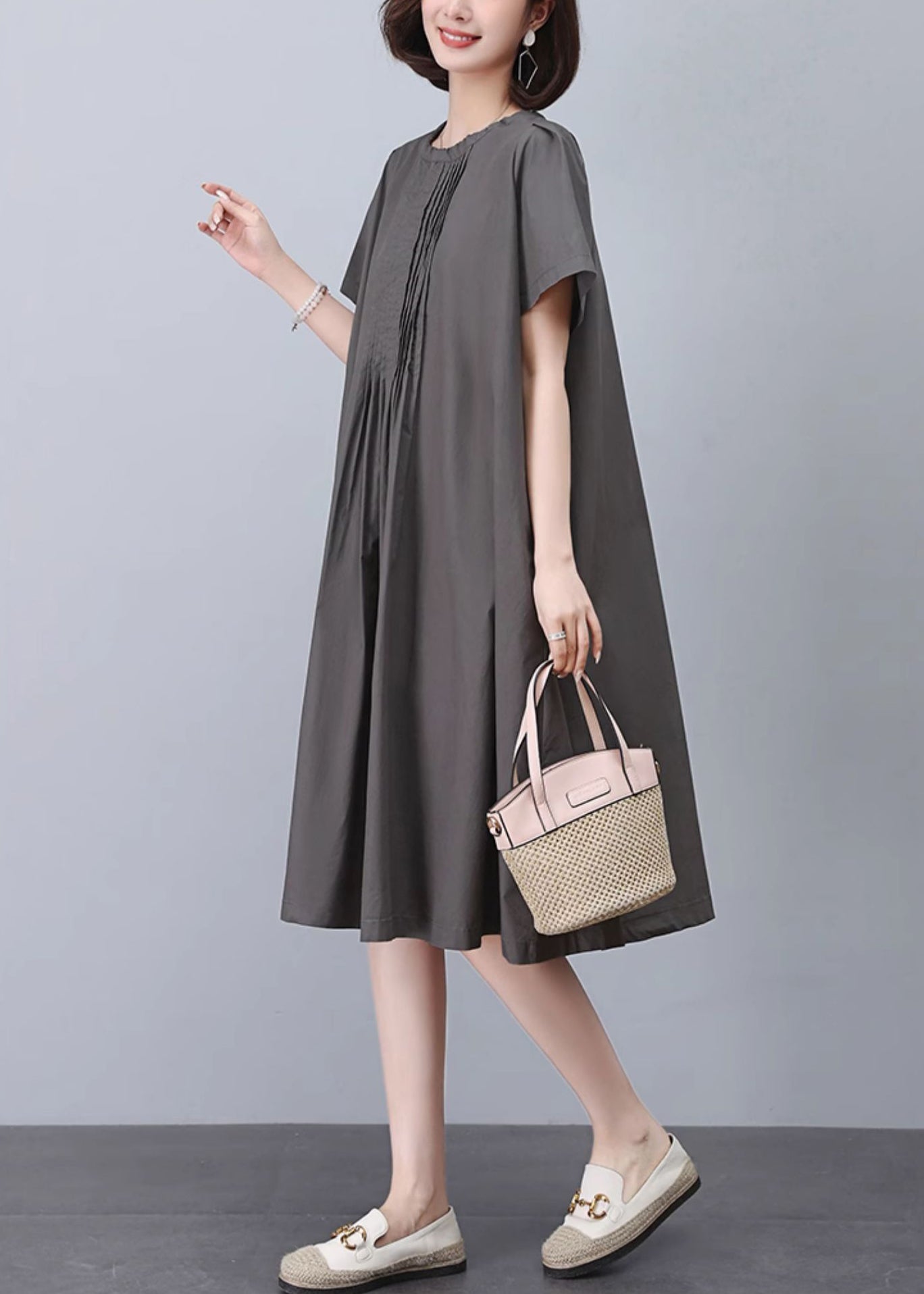 Grey O-neck Cotton Dresses Summer