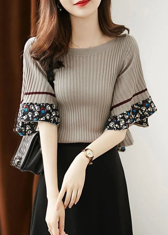 Grey O-neck Thick Print Knit Sweater Tops Flare Sleeve
