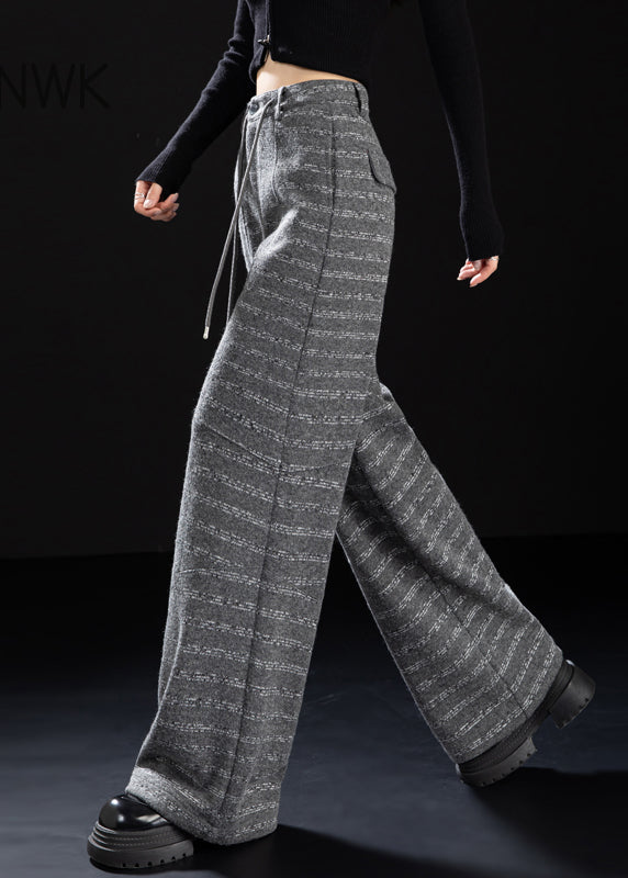 Grey Oversized Striped Woolen Straight Pants Winter