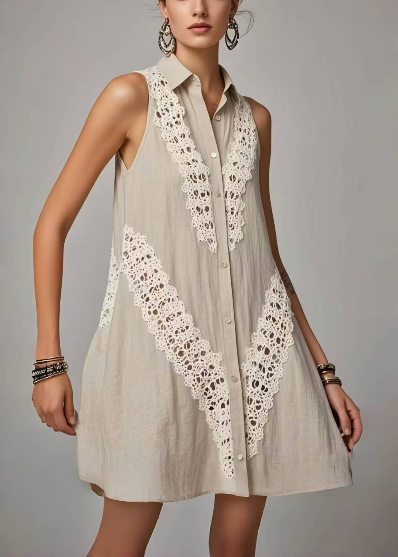 Grey Peter Pan Collar Patchwork Lacen Day Dress Sleeveless