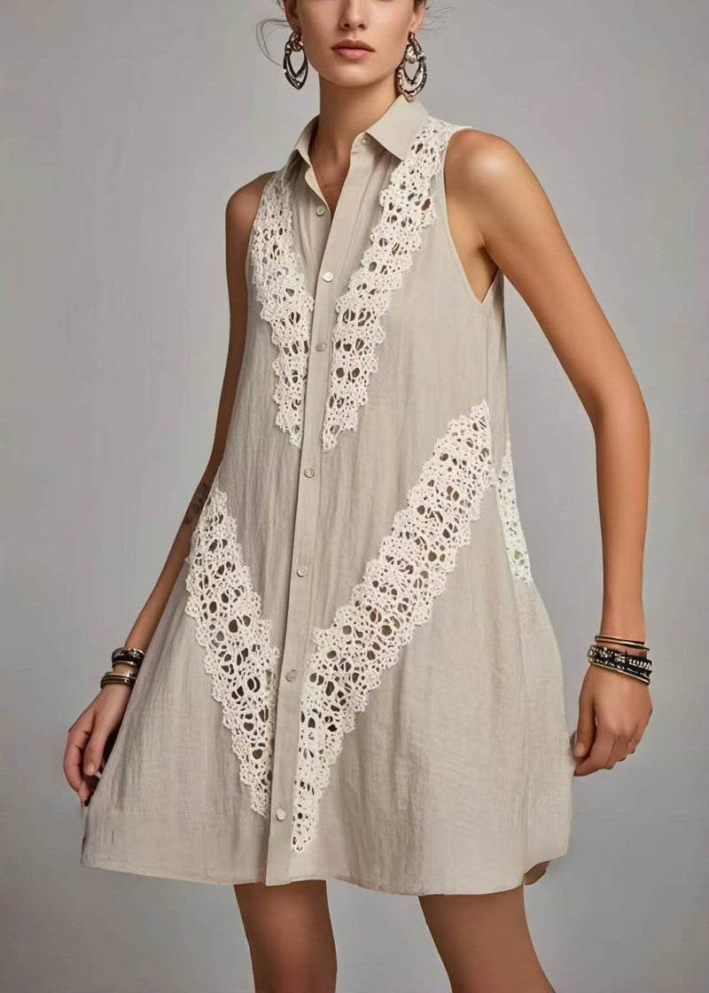 Grey Peter Pan Collar Patchwork Lacen Day Dress Sleeveless