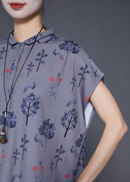 Grey Peter Pan Collar Print Silk Long Dress Summer