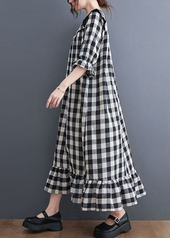 Grey Plaid Ruffled Patchwork Ruffles Cotton Dresses Summer