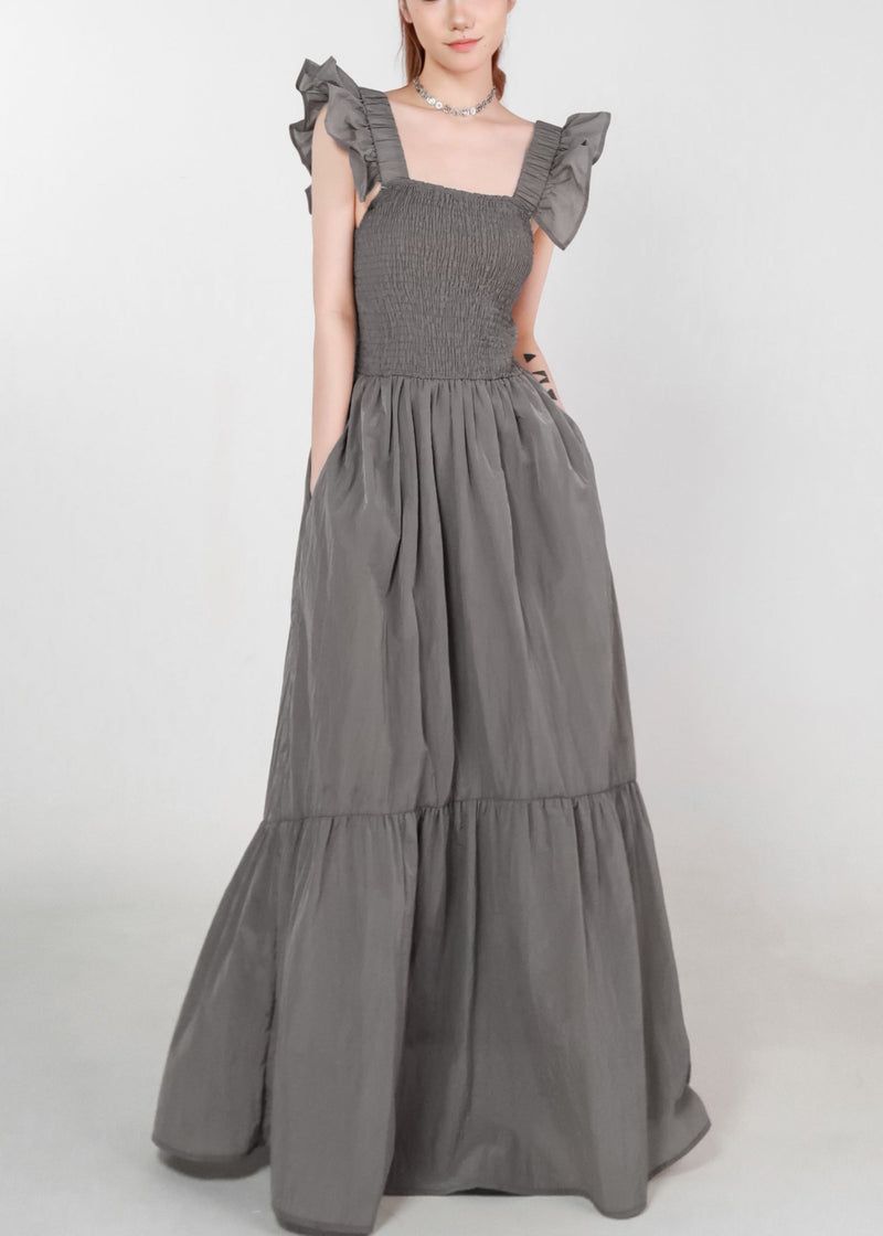Grey Pockets High Waist Cotton Long Dress Summer