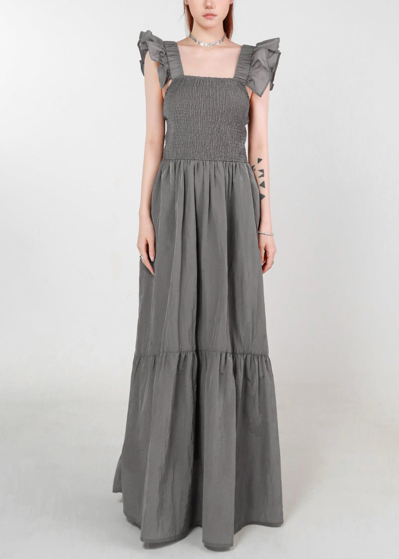 Grey Pockets High Waist Cotton Long Dress Summer