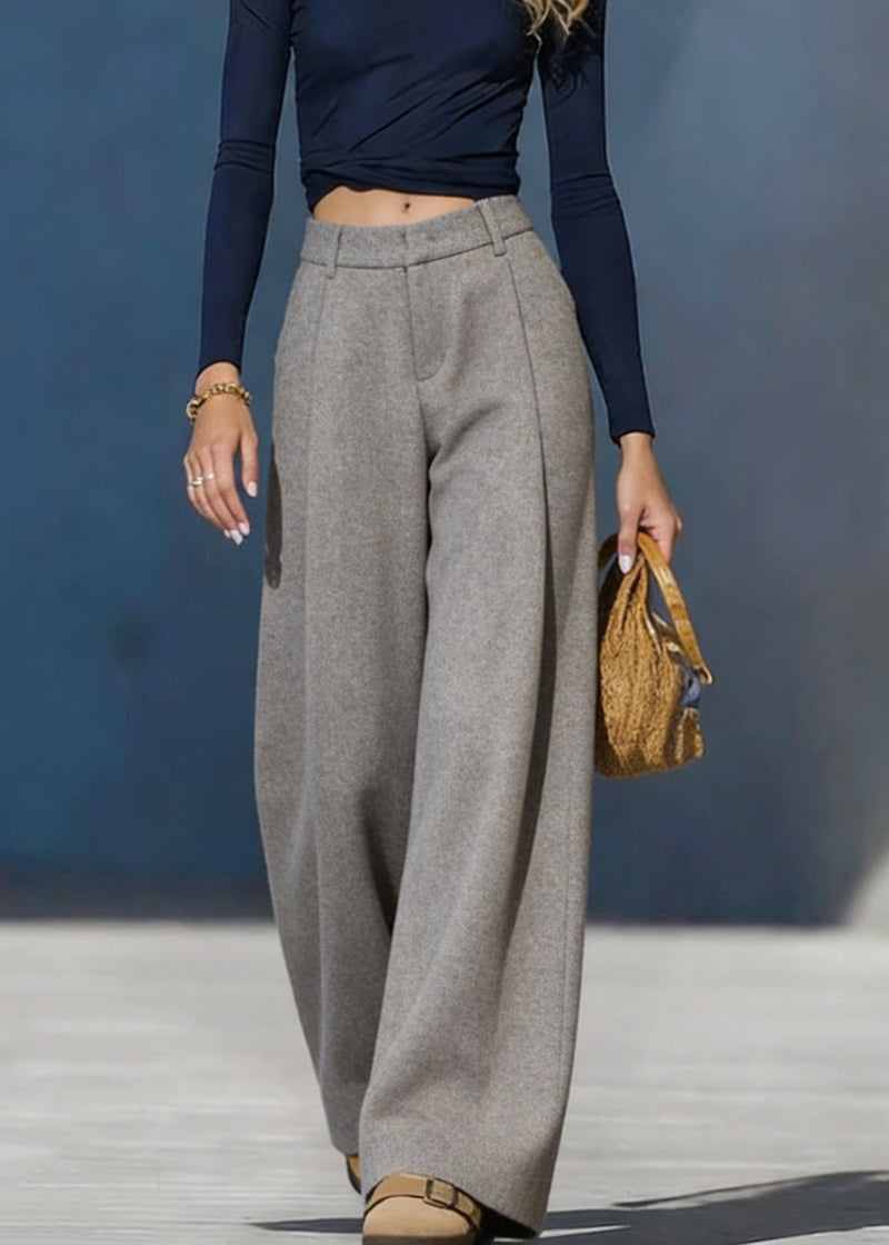 Grey Pockets Woolen Wide Leg Pants Spring