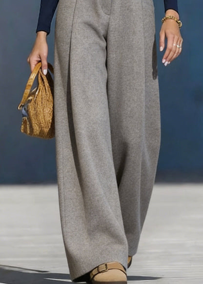 Grey Pockets Woolen Wide Leg Pants Spring
