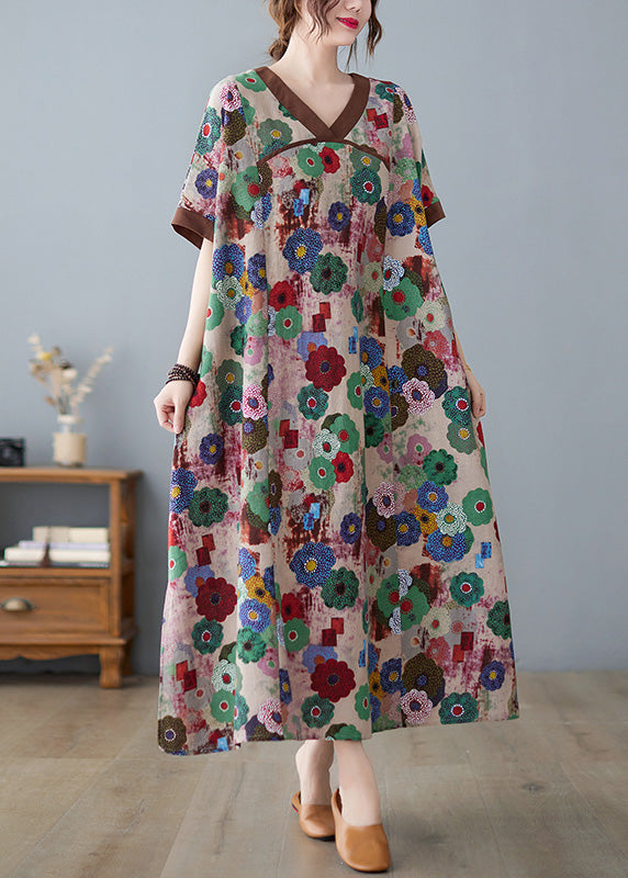 Grey Print Patchwork Maxi Dresses Short Sleeve