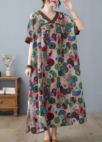 Grey Print Patchwork Maxi Dresses Short Sleeve