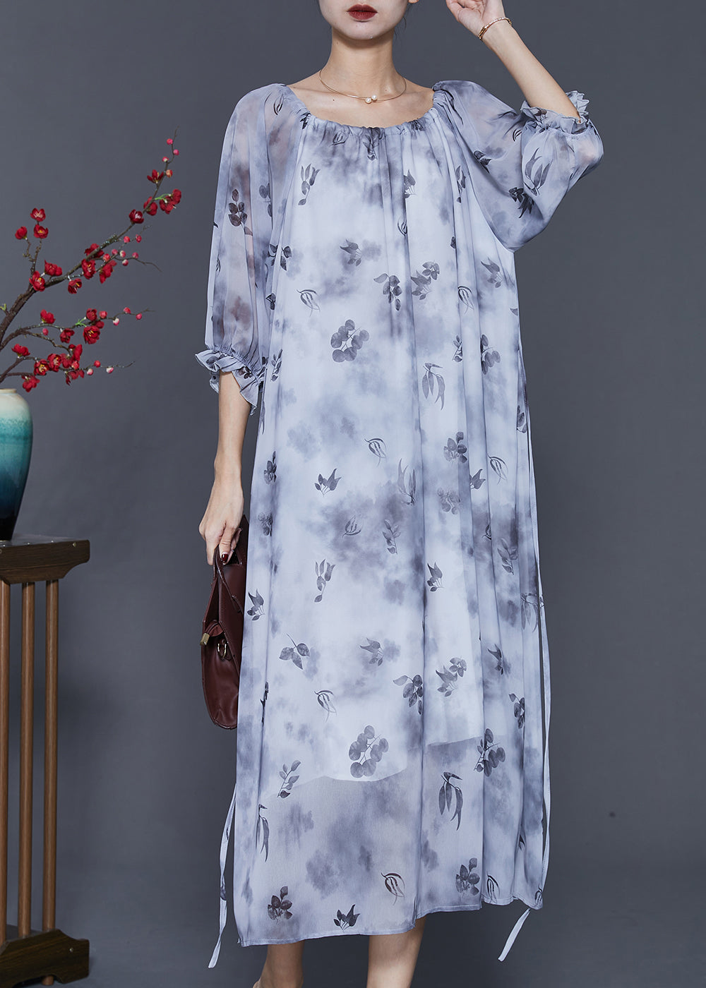 Grey Print Tie Dye Chiffon Long Dress Half Sleeve