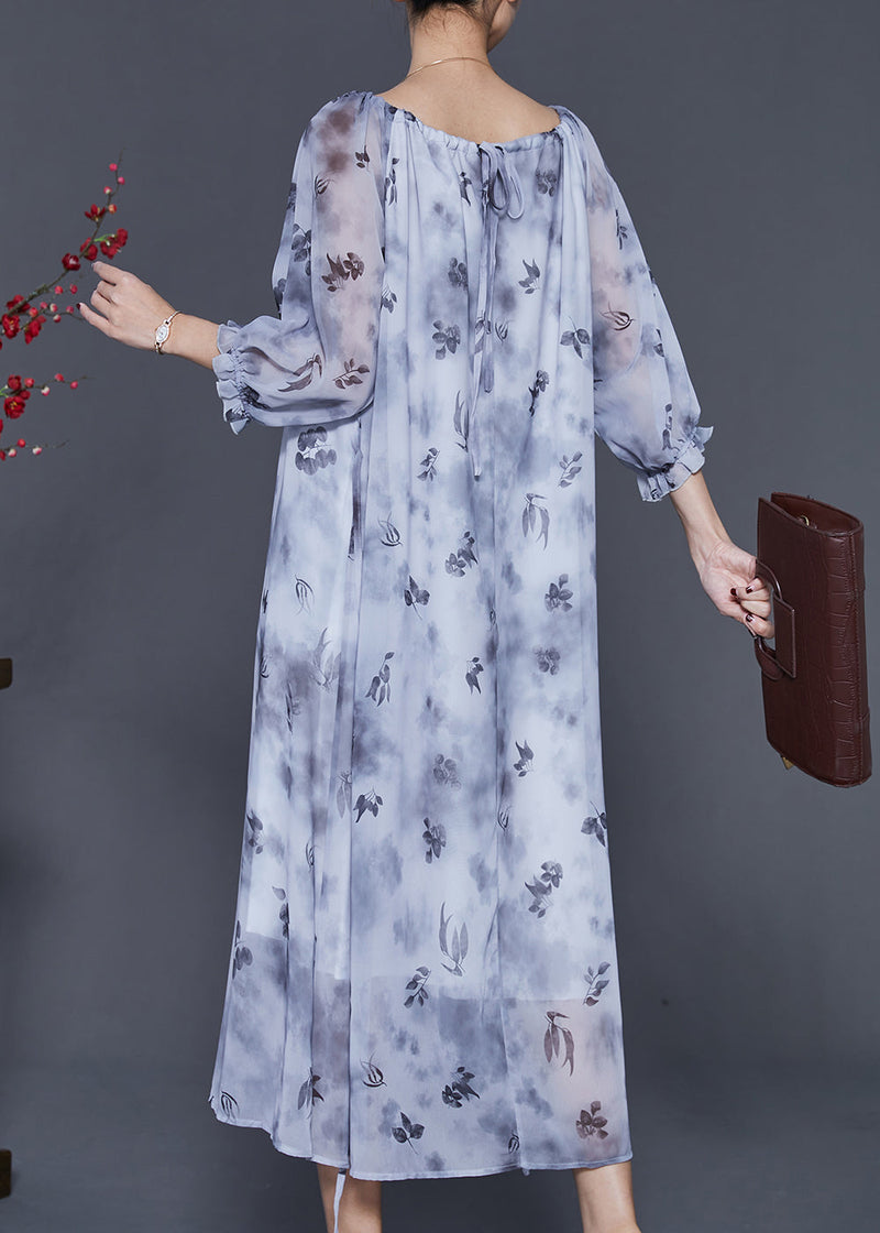 Grey Print Tie Dye Chiffon Long Dress Half Sleeve