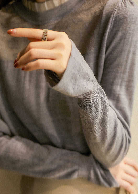 Grey Ruffled Patchwork Hollow Out Knit Shirts Spring