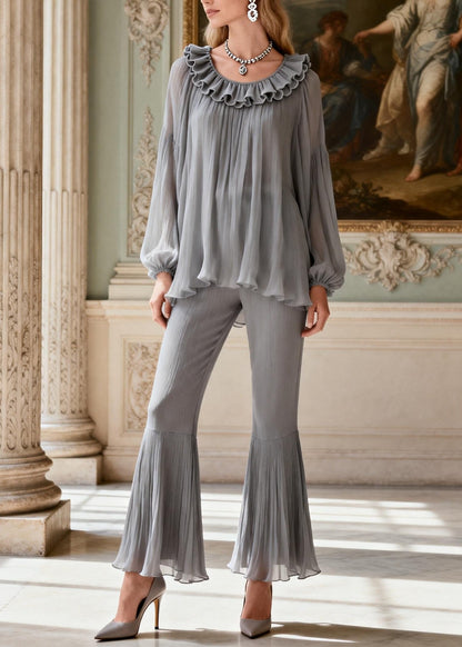 Grey Ruffled Patchwork Linen Silk 2 Piece Outfit Spring