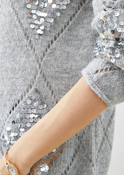 Grey Sequins Warm Knit Short Sweater Winter