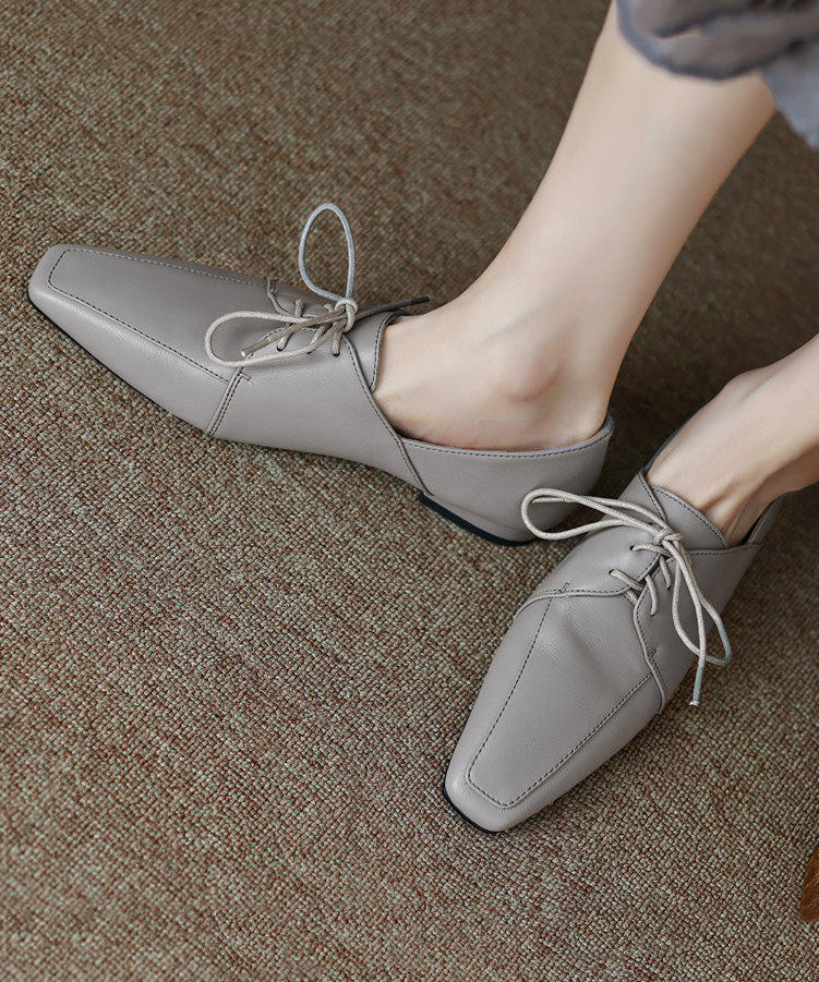 Grey Sheepskin Lace Up Splicing Square Toe Flat Shoes