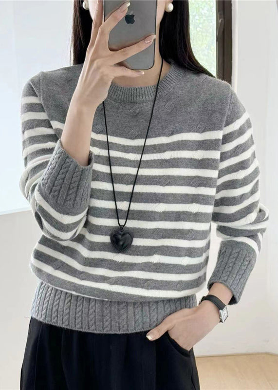 Grey Striped Cozy Knit Sweaters Fall