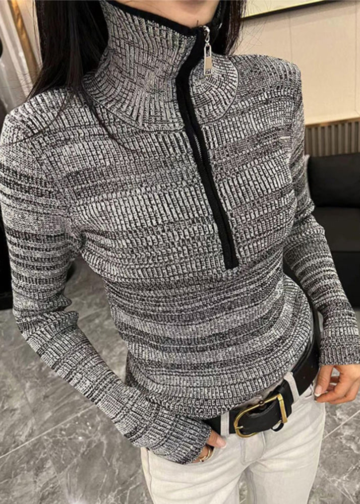 Grey Striped Zippered Zippered Cotton Knit Sweater Spring