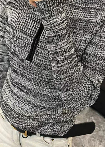 Grey Striped Zippered Zippered Cotton Knit Sweater Spring
