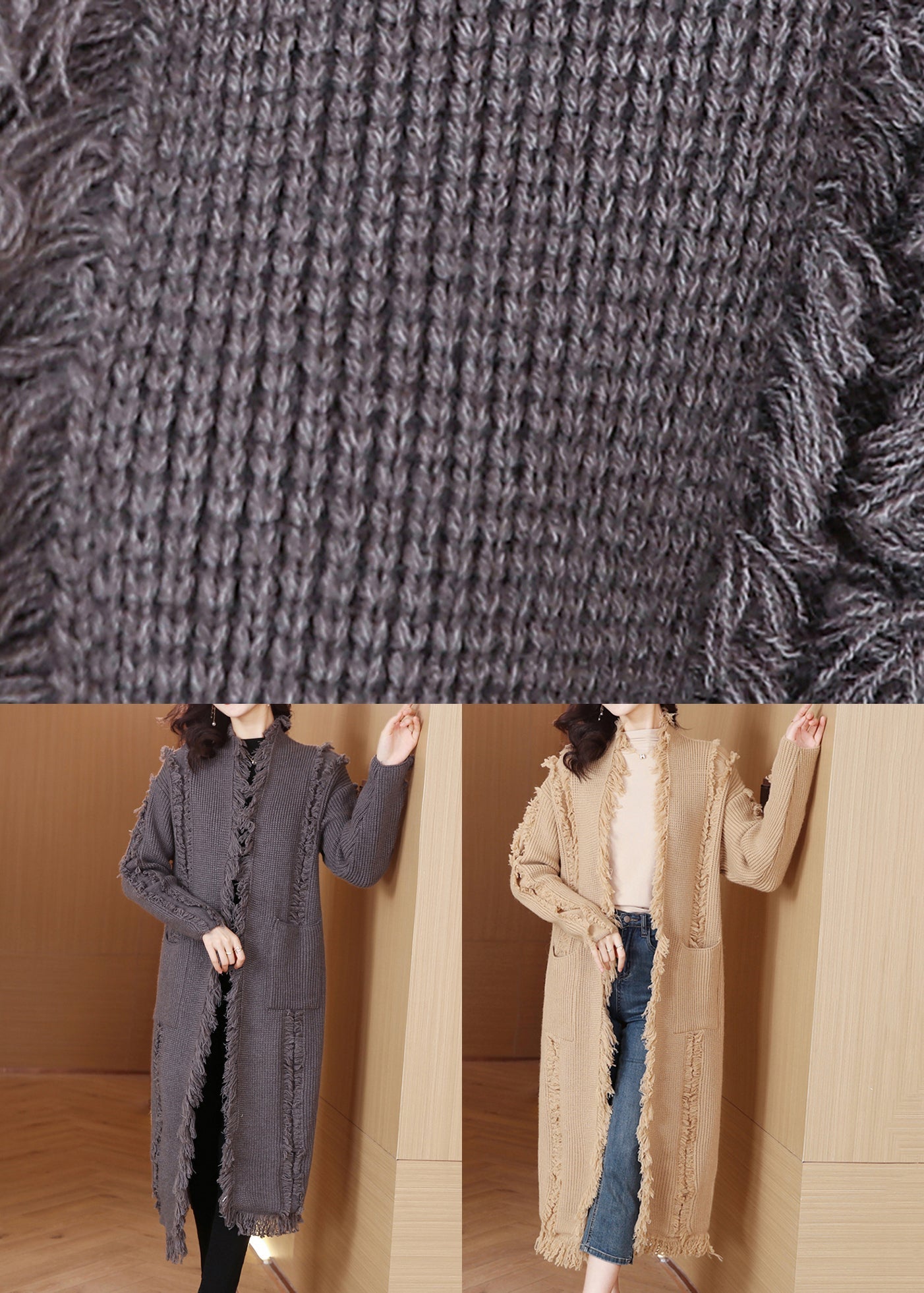 Grey Tasseled Pockets Knit Cardigan Winter