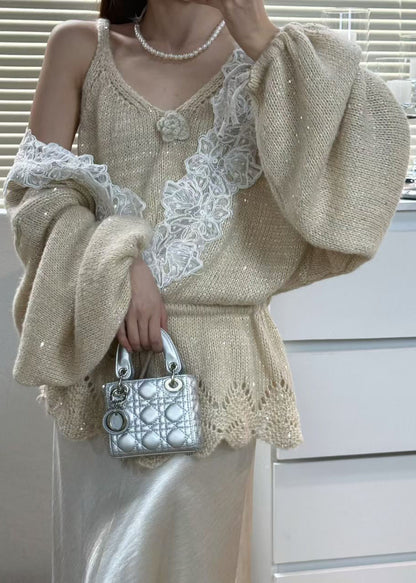 Grey Tie Waist Patchwork Lace Knit 2 Piece Outfit Winter