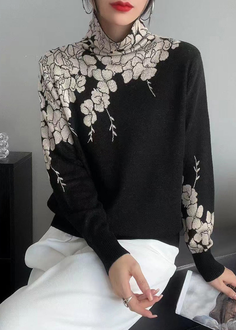 Grey Turtle Neck Print Knit Pullover Spring