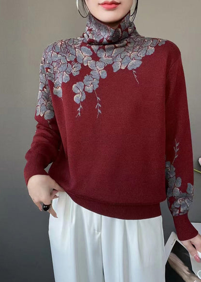 Grey Turtle Neck Print Knit Pullover Spring