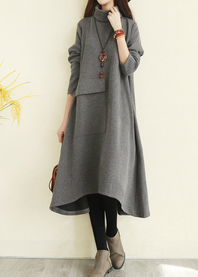 Grey Turtle Neck Pocket Knit Dress Long Sleeve