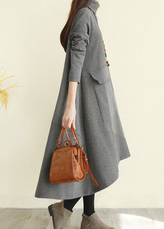 Grey Turtle Neck Pocket Knit Dress Long Sleeve