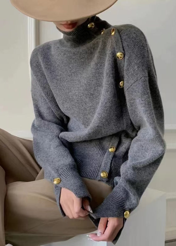 Grey Turtleneck Button Side Open Knit Sweater Winter
