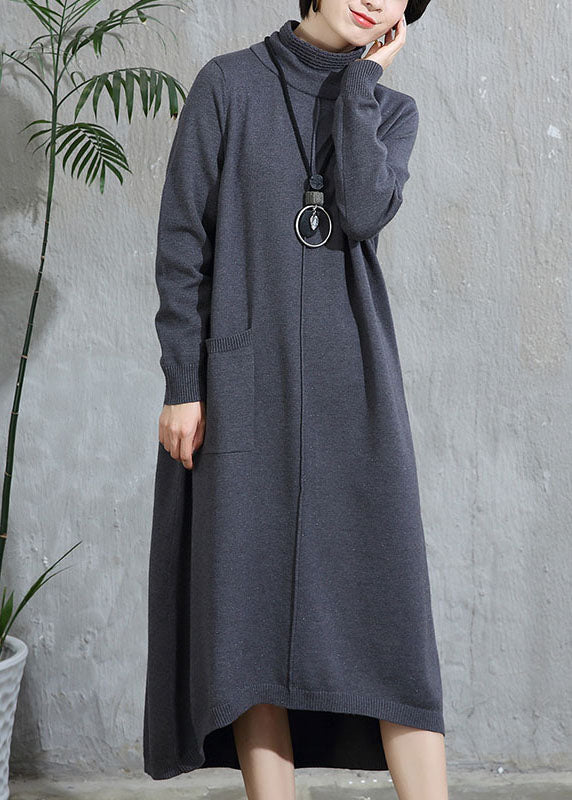 Grey Turtleneck Pockets Patchwork Woolen Sweater Dress Fall