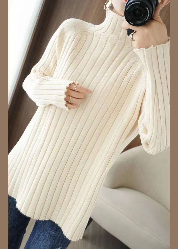 Grey Turtleneck Striped Knitting Sweaters Long Sleeve