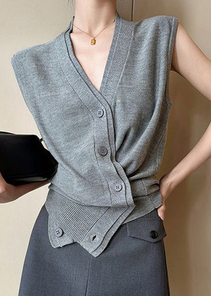 Grey V Neck Button Knit Vest Sleeveless