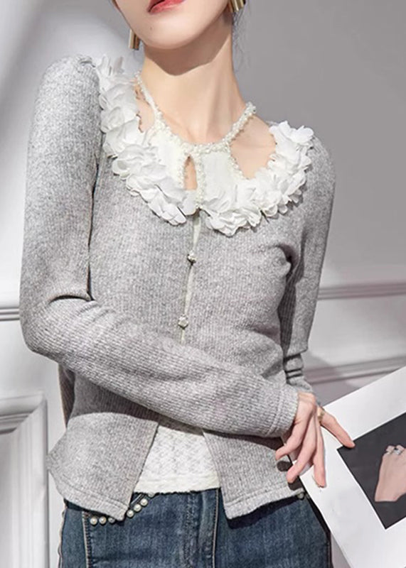 Grey V Neck Cotton Knit Cardigans Fall