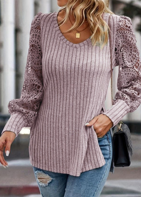 Grey V Neck Hollow Out Knit T Shirt Top Fall