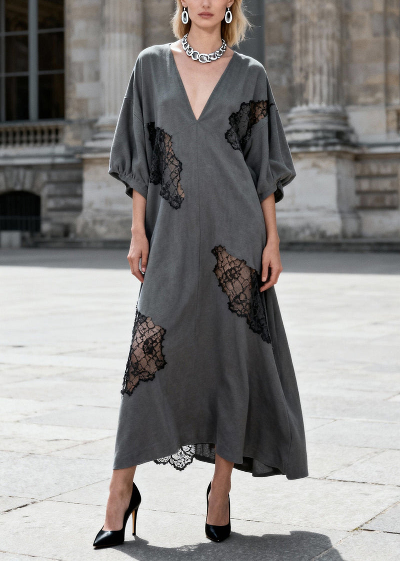 Grey V Neck Hollow Out Lace Patchwork Cotton Dresses Summer