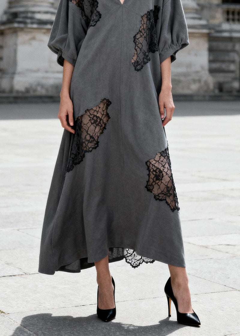 Grey V Neck Hollow Out Lace Patchwork Cotton Dresses Summer
