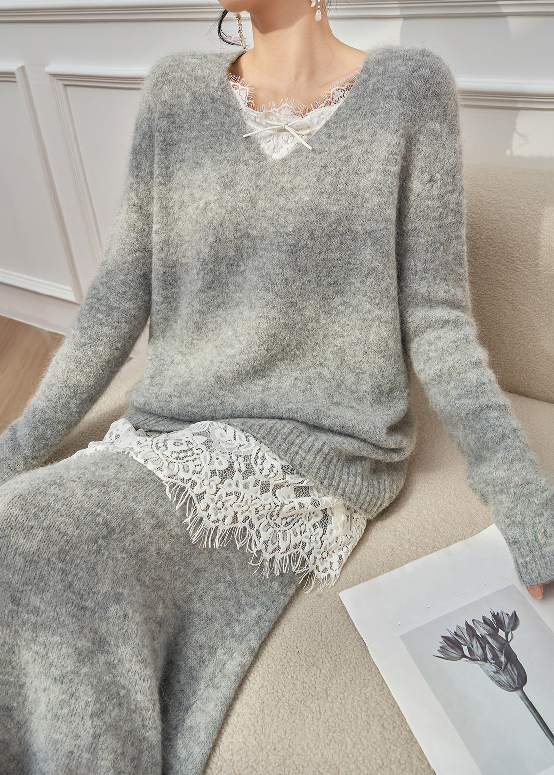 Grey V Neck Lace Patchwork Knit Two Pieces Set Winter