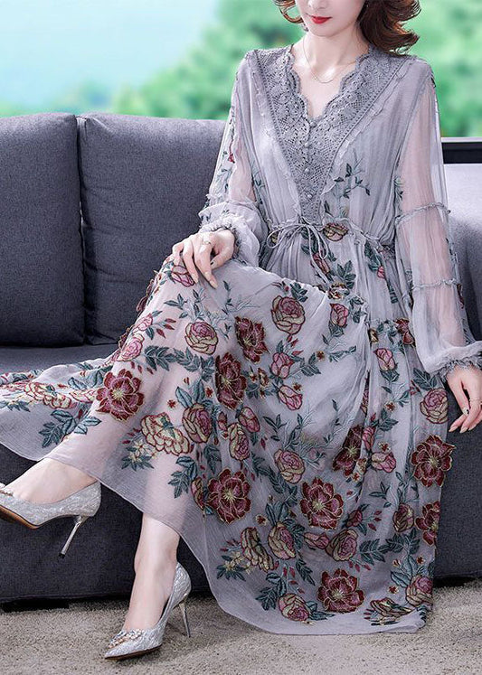 Grey V Neck Patchwork Embroideried Silk Cinched Dress Lantern Sleeve