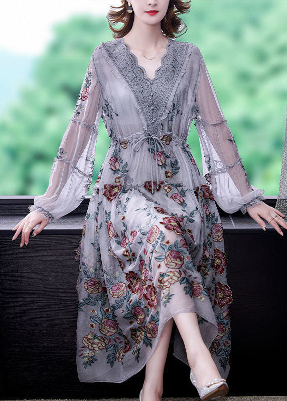 Grey V Neck Patchwork Embroideried Silk Cinched Dress Lantern Sleeve