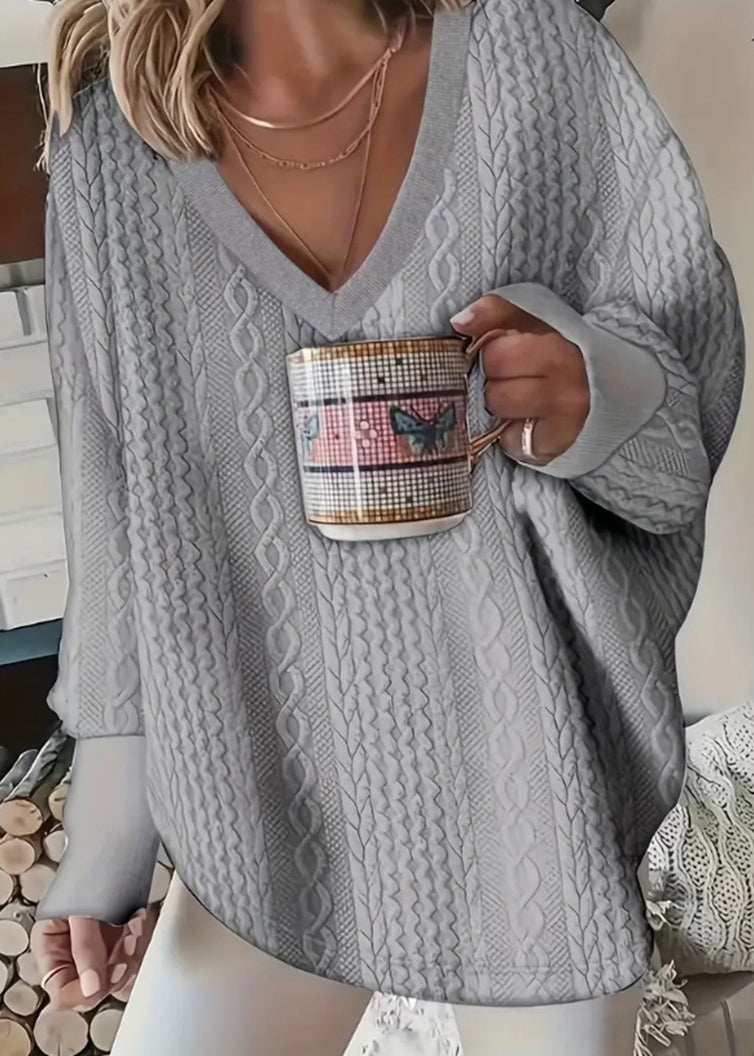 Grey V Neck Patchwork Loose Knit Shirt Top Fall