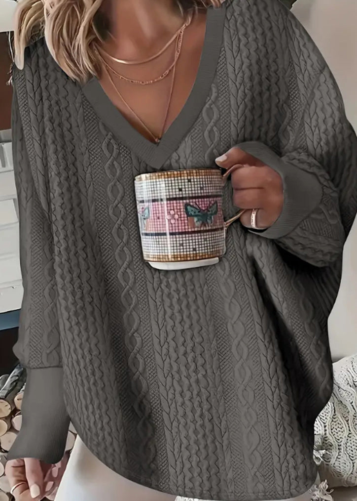 Grey V Neck Patchwork Loose Knit Shirt Top Fall