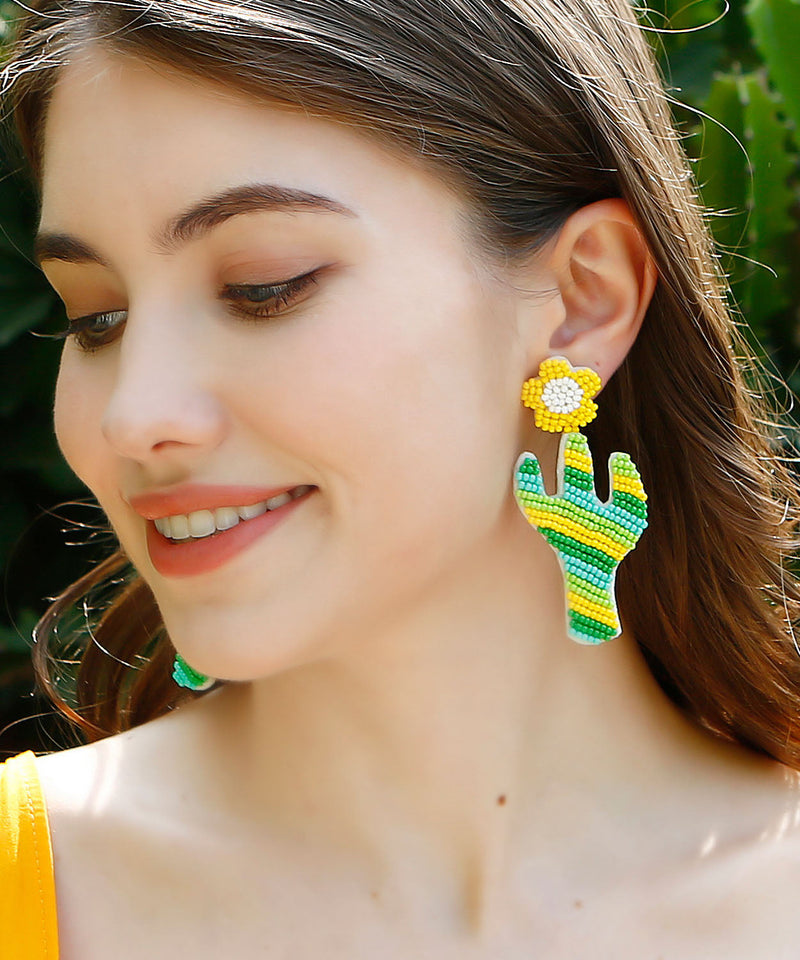Hand Knitting Rice Ball Little Daisy Cactus Drop Earrings