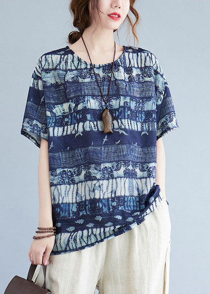 Ink Blue O Neck Patchwork Cotton T Shirt Top Summer