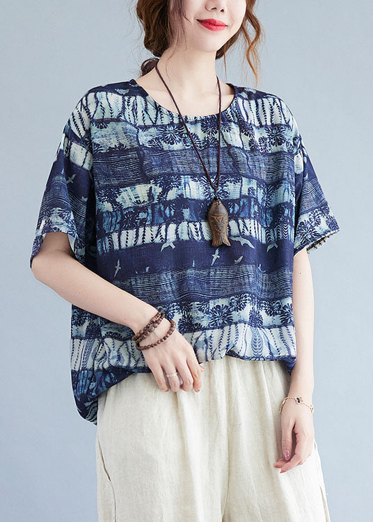 Ink Blue O Neck Patchwork Cotton T Shirt Top Summer