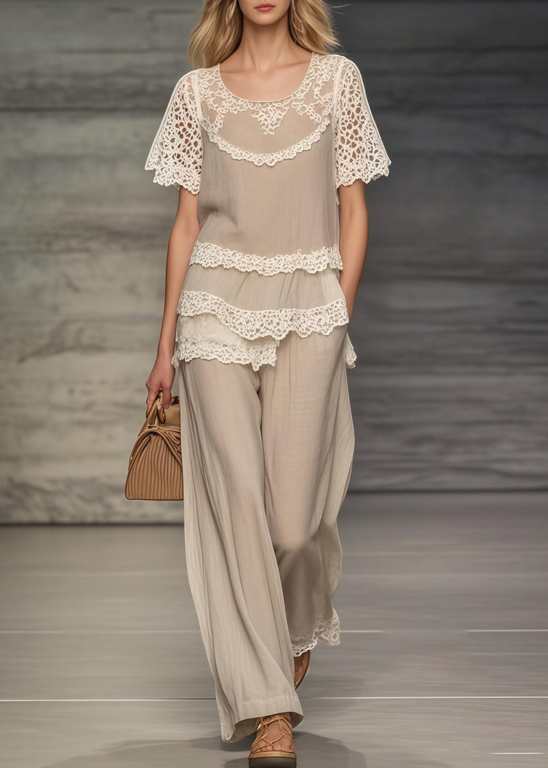 Khaki Asymmetrical Patchwork Lace Two Pieces Set Summer