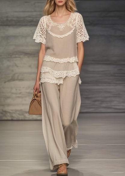 Khaki Asymmetrical Patchwork Lace Two Pieces Set Summer