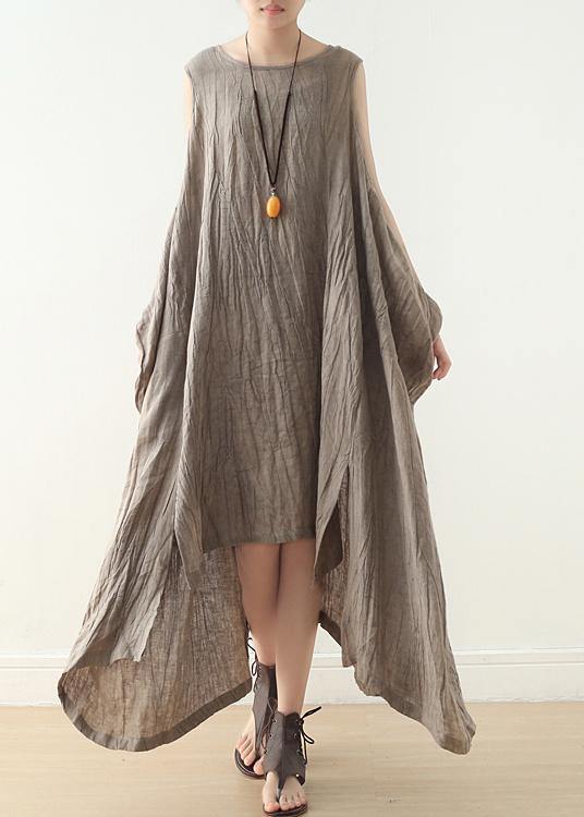 Khaki Asymmetrical Summer Sleeveless Linen Dress